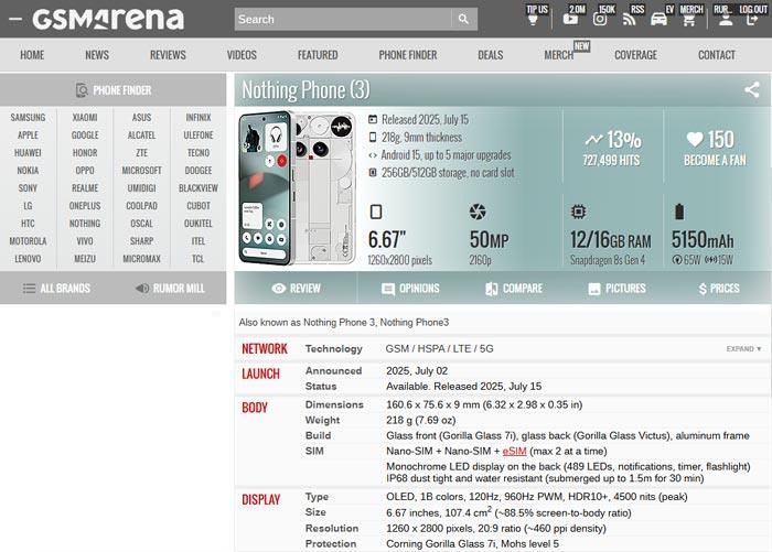 GSMArena's mistake about the Nothing Phone (3) display