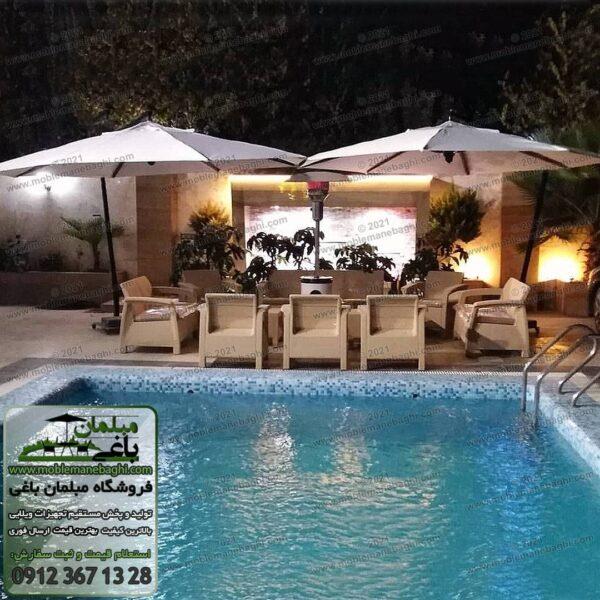 سایه بان باغی مدل پایه‌ کنار طرح هشت ضلعی قطر سایه چهار متر رنگ سفید در کنار استخر